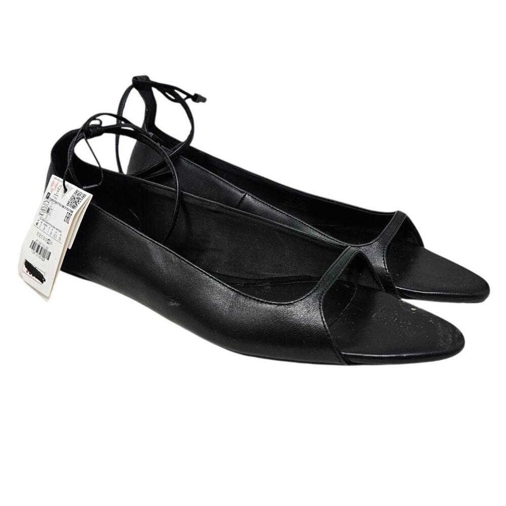 NEW Zara 40 Open Toe Flat Shoes Buckle Ankle Strap Black Leather Minimalist